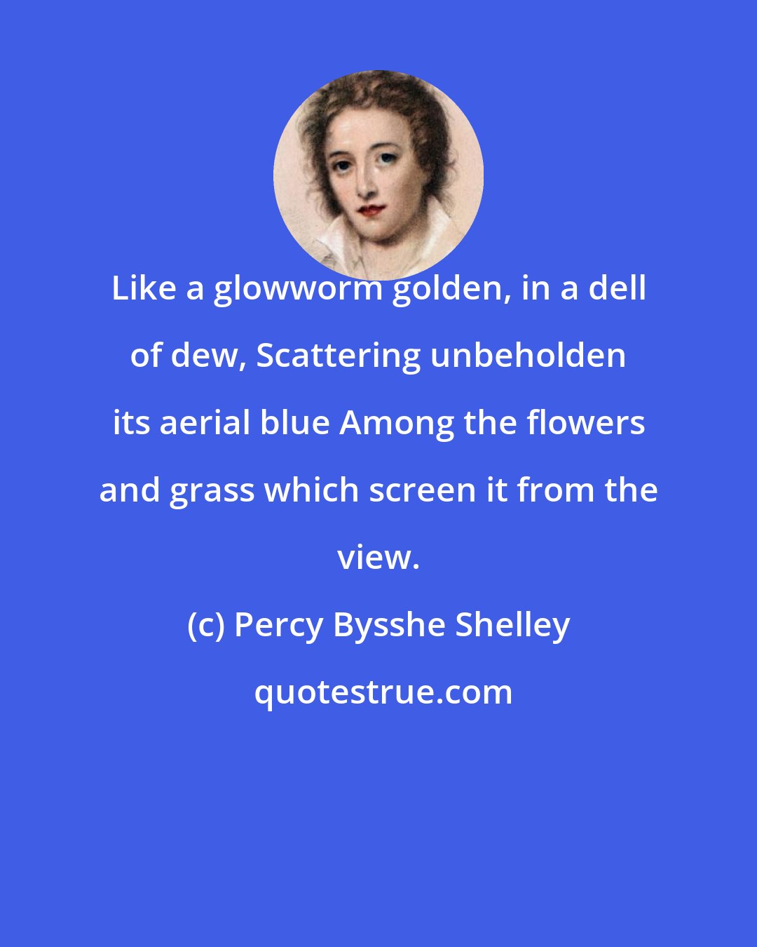 Percy Bysshe Shelley: Like a glowworm golden, in a dell of dew, Scattering unbeholden its aerial blue Among the flowers and grass which screen it from the view.