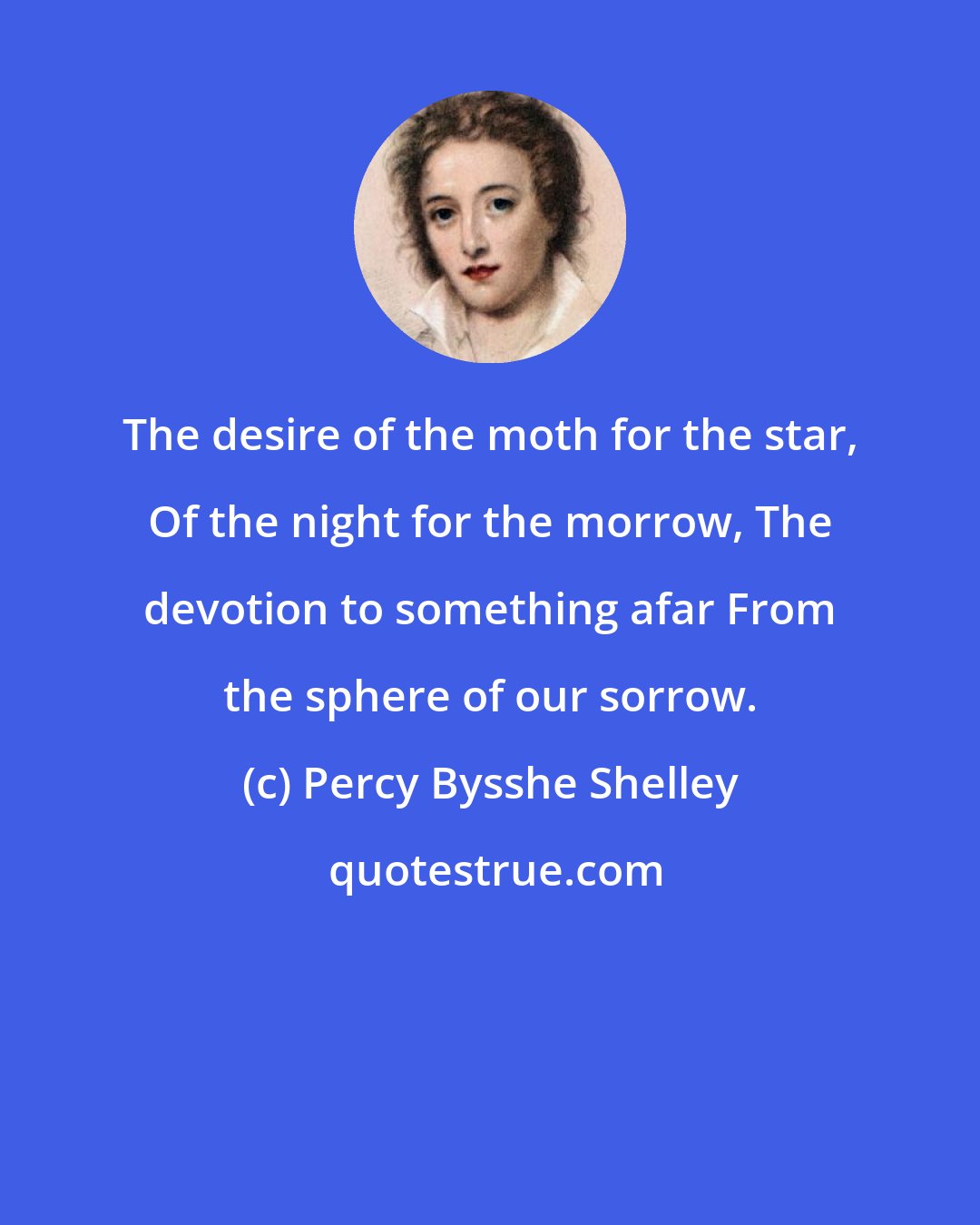 Percy Bysshe Shelley: The desire of the moth for the star, Of the night for the morrow, The devotion to something afar From the sphere of our sorrow.