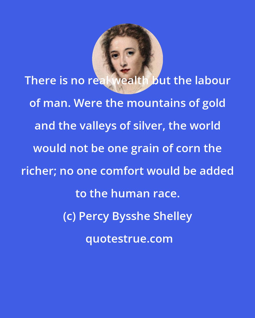 Percy Bysshe Shelley: There is no real wealth but the labour of man. Were the mountains of gold and the valleys of silver, the world would not be one grain of corn the richer; no one comfort would be added to the human race.