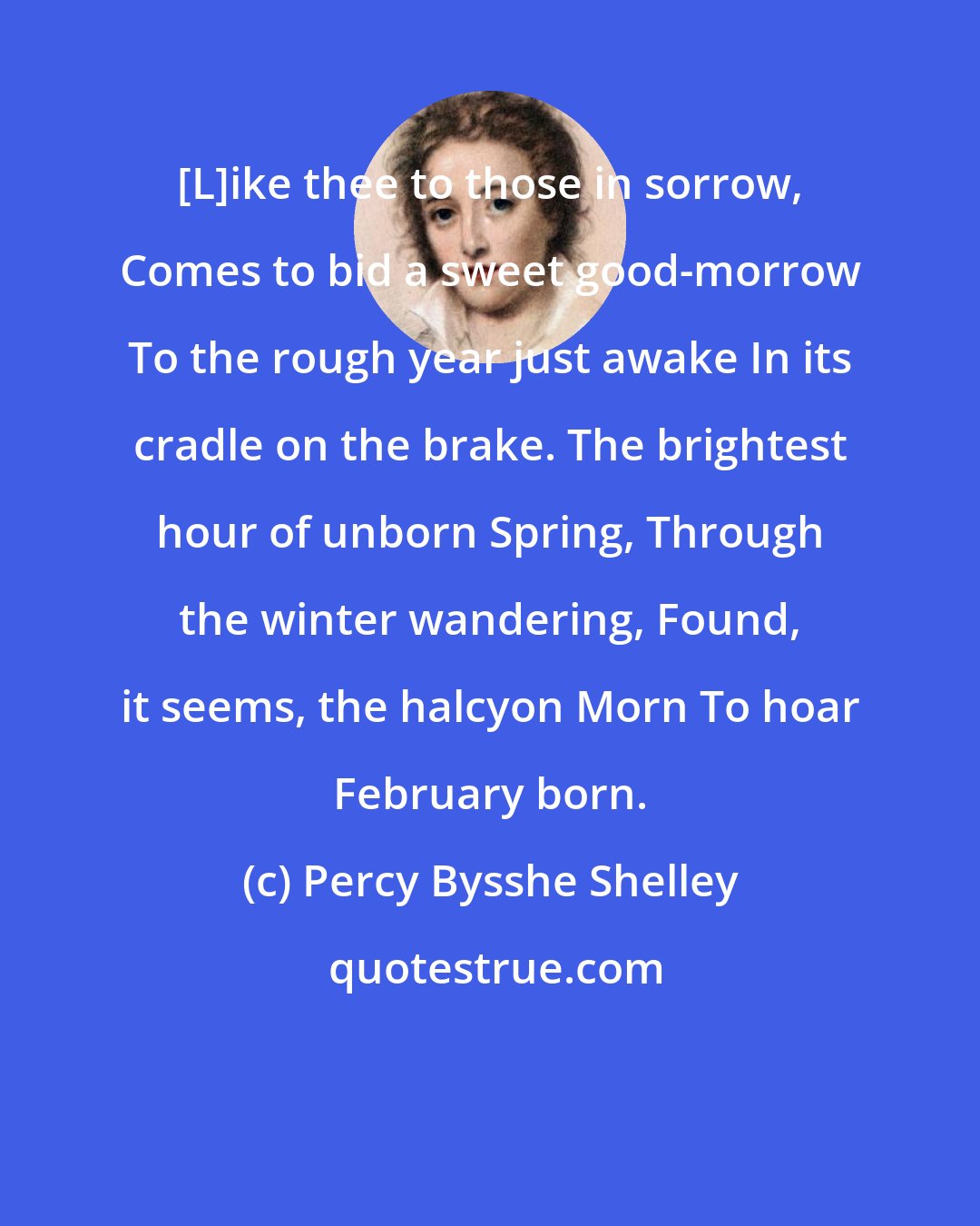 Percy Bysshe Shelley: [L]ike thee to those in sorrow, Comes to bid a sweet good-morrow To the rough year just awake In its cradle on the brake. The brightest hour of unborn Spring, Through the winter wandering, Found, it seems, the halcyon Morn To hoar February born.