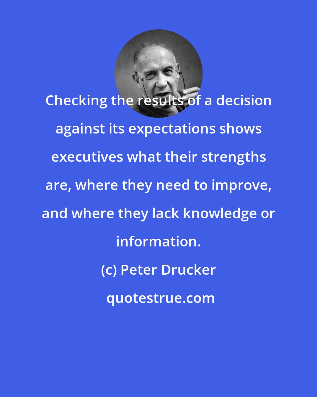 Peter Drucker: Checking the results of a decision against its expectations shows executives what their strengths are, where they need to improve, and where they lack knowledge or information.