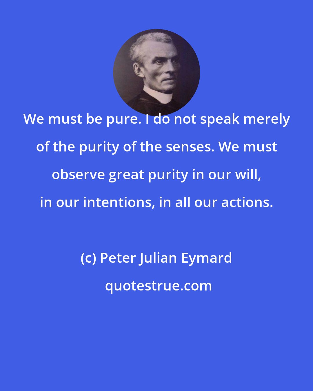 Peter Julian Eymard: We must be pure. I do not speak merely of the purity of the senses. We must observe great purity in our will, in our intentions, in all our actions.