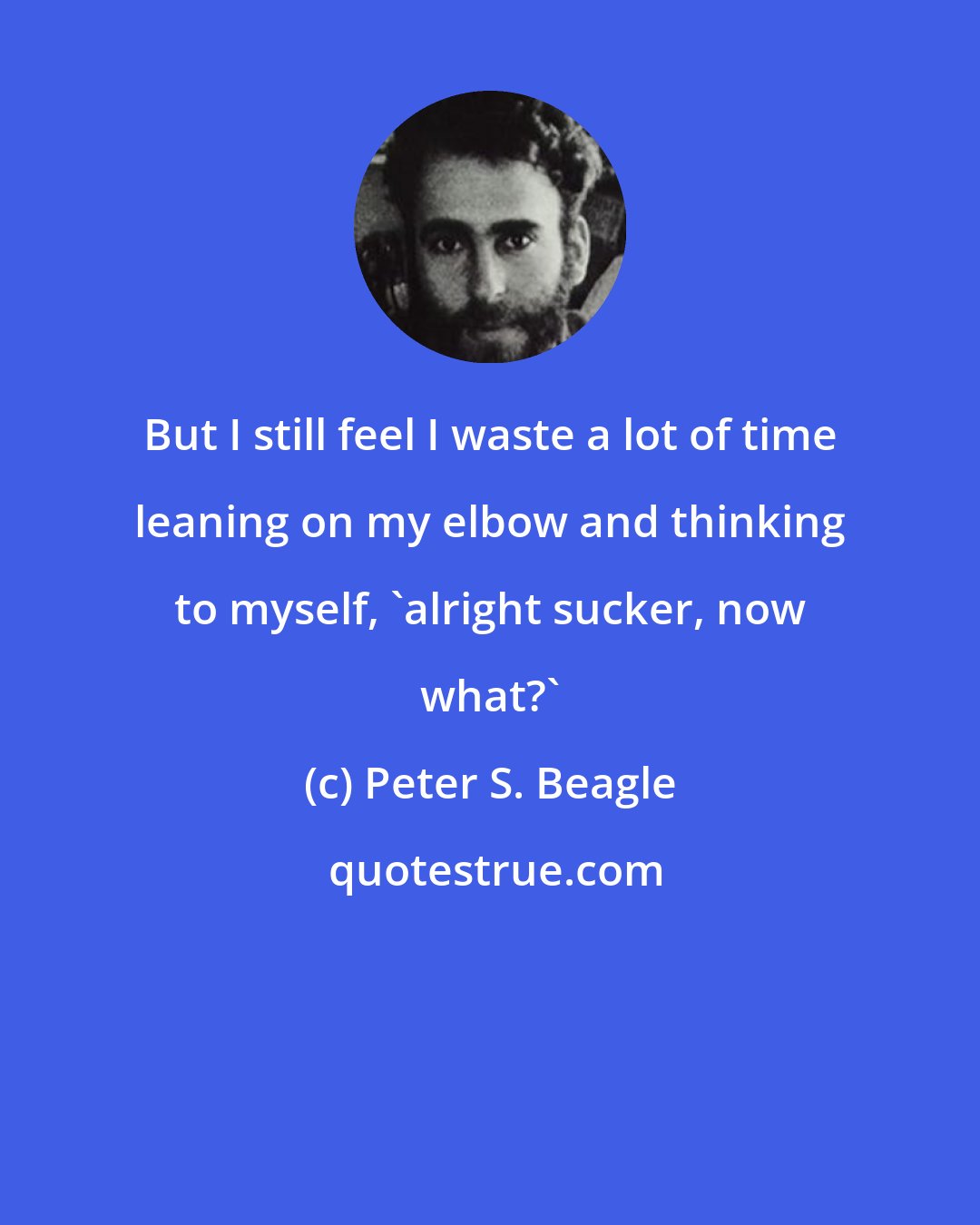 Peter S. Beagle: But I still feel I waste a lot of time leaning on my elbow and thinking to myself, 'alright sucker, now what?'