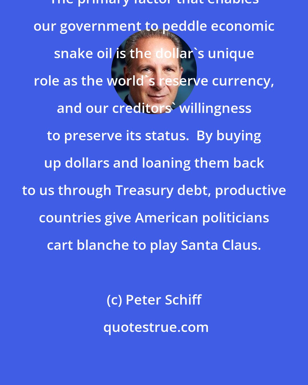 Peter Schiff: The primary factor that enables our government to peddle economic snake oil is the dollar's unique role as the world's reserve currency, and our creditors' willingness to preserve its status.  By buying up dollars and loaning them back to us through Treasury debt, productive countries give American politicians cart blanche to play Santa Claus.