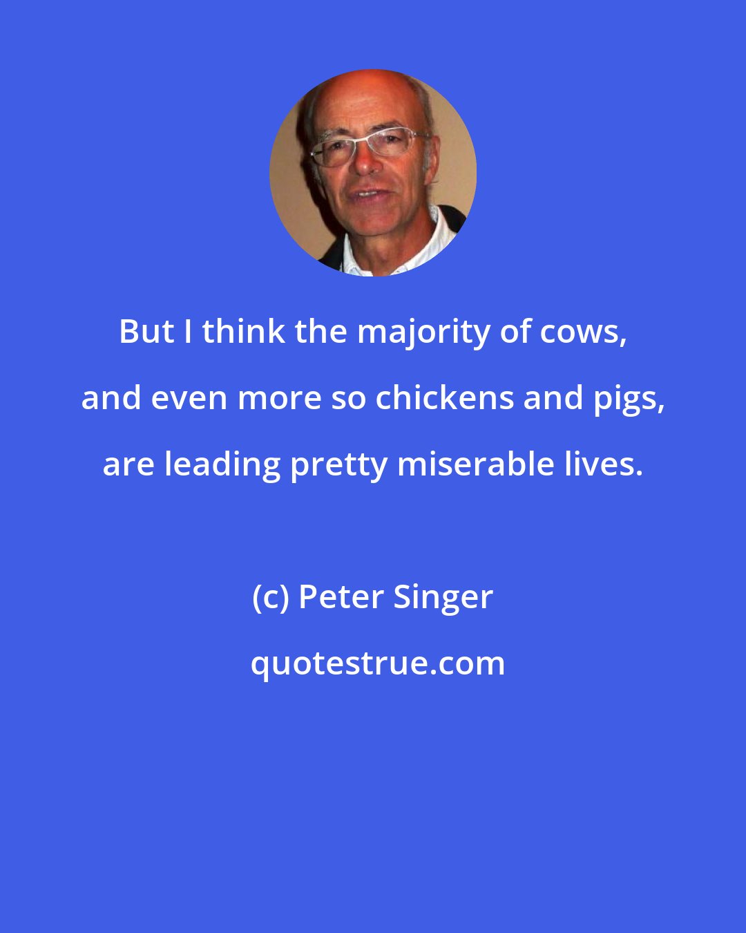 Peter Singer: But I think the majority of cows, and even more so chickens and pigs, are leading pretty miserable lives.