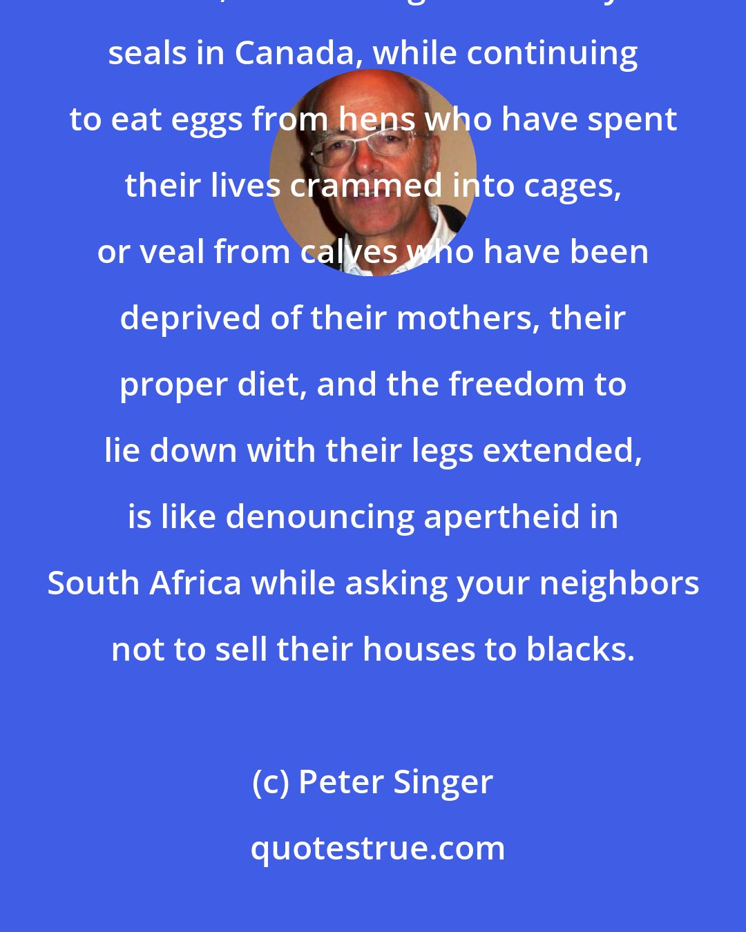 Peter Singer: To protest about bullfighting in Spain, the eating of dogs in South Korea, or the slaughter of baby seals in Canada, while continuing to eat eggs from hens who have spent their lives crammed into cages, or veal from calves who have been deprived of their mothers, their proper diet, and the freedom to lie down with their legs extended, is like denouncing apertheid in South Africa while asking your neighbors not to sell their houses to blacks.