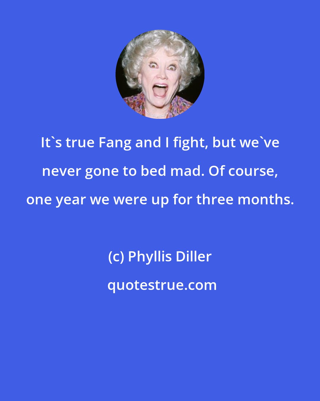 Phyllis Diller: It's true Fang and I fight, but we've never gone to bed mad. Of course, one year we were up for three months.