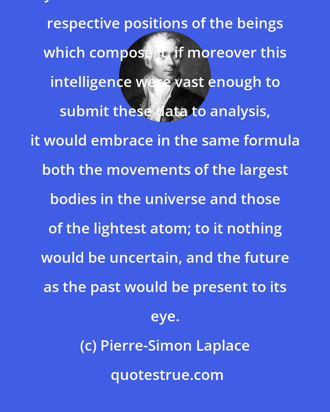 Pierre-Simon Laplace: Given for one instant an intelligence which could comprehend all the forces by which nature is animated and the respective positions of the beings which compose it, if moreover this intelligence were vast enough to submit these data to analysis, it would embrace in the same formula both the movements of the largest bodies in the universe and those of the lightest atom; to it nothing would be uncertain, and the future as the past would be present to its eye.