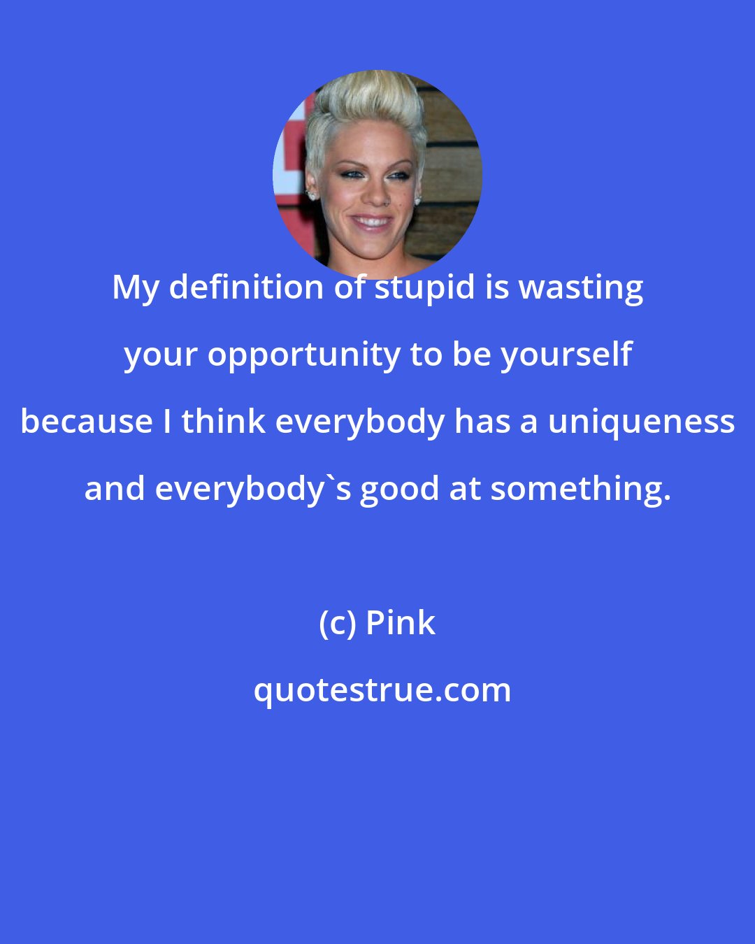 Pink: My definition of stupid is wasting your opportunity to be yourself because I think everybody has a uniqueness and everybody's good at something.