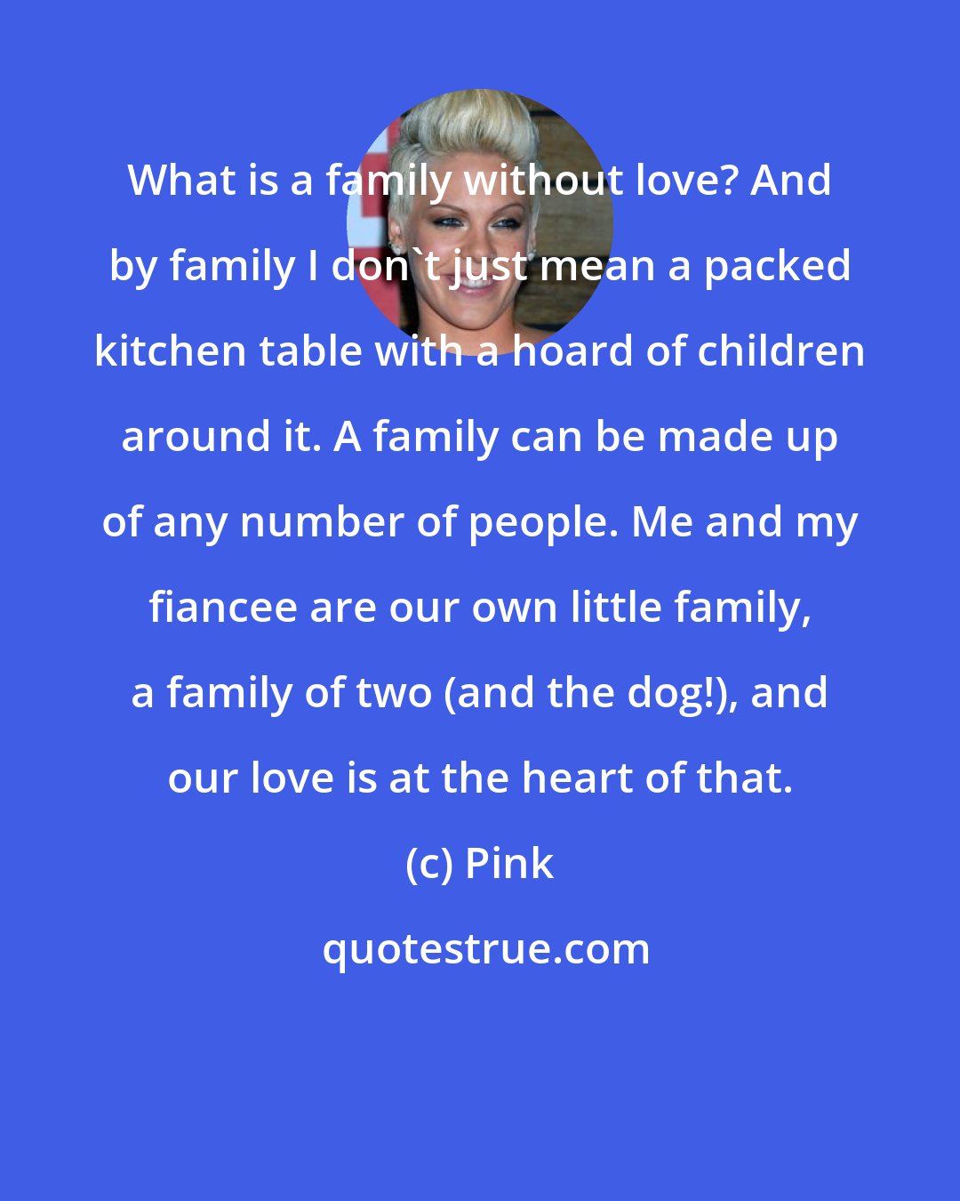 Pink: What is a family without love? And by family I don't just mean a packed kitchen table with a hoard of children around it. A family can be made up of any number of people. Me and my fiancee are our own little family, a family of two (and the dog!), and our love is at the heart of that.