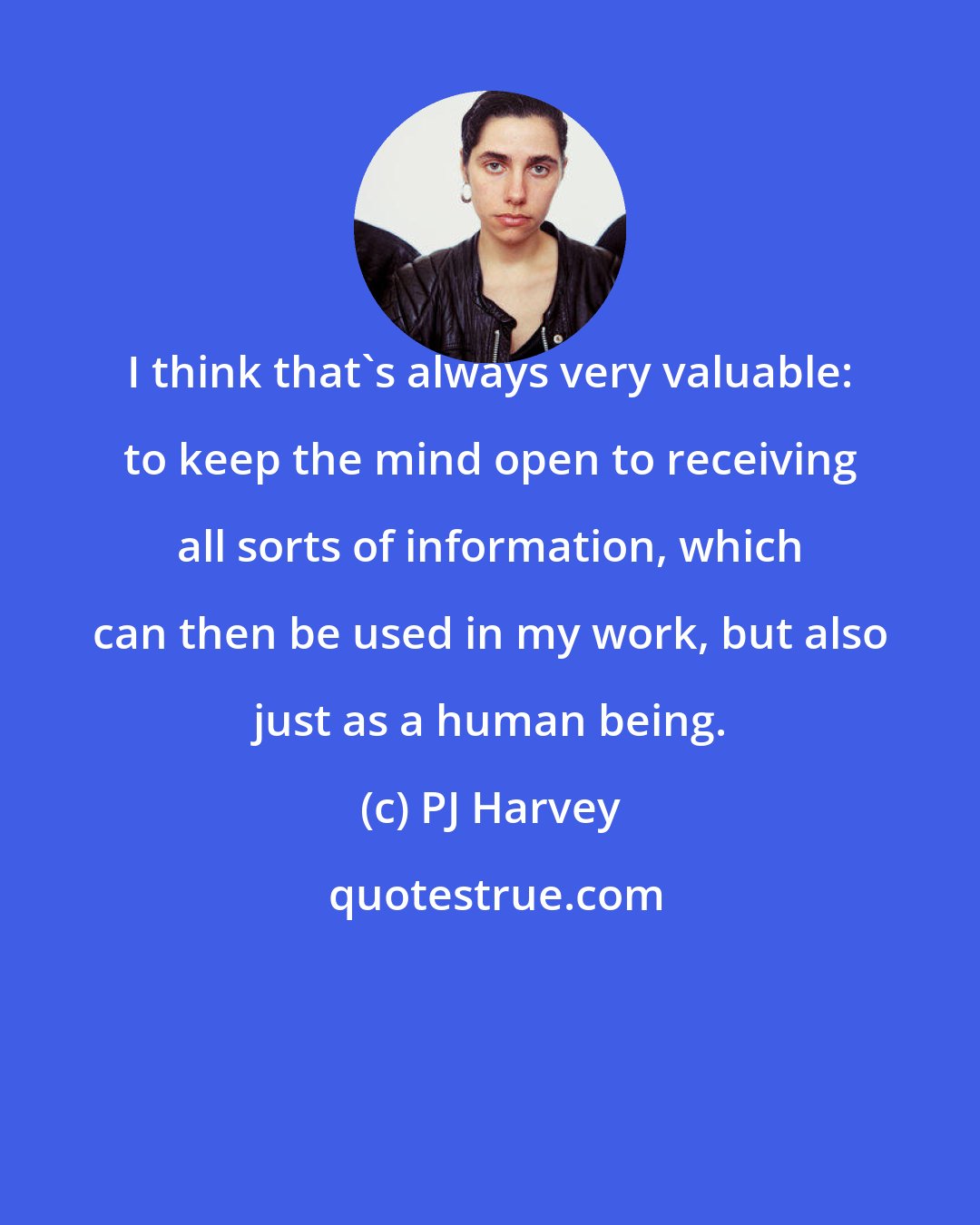 PJ Harvey: I think that's always very valuable: to keep the mind open to receiving all sorts of information, which can then be used in my work, but also just as a human being.