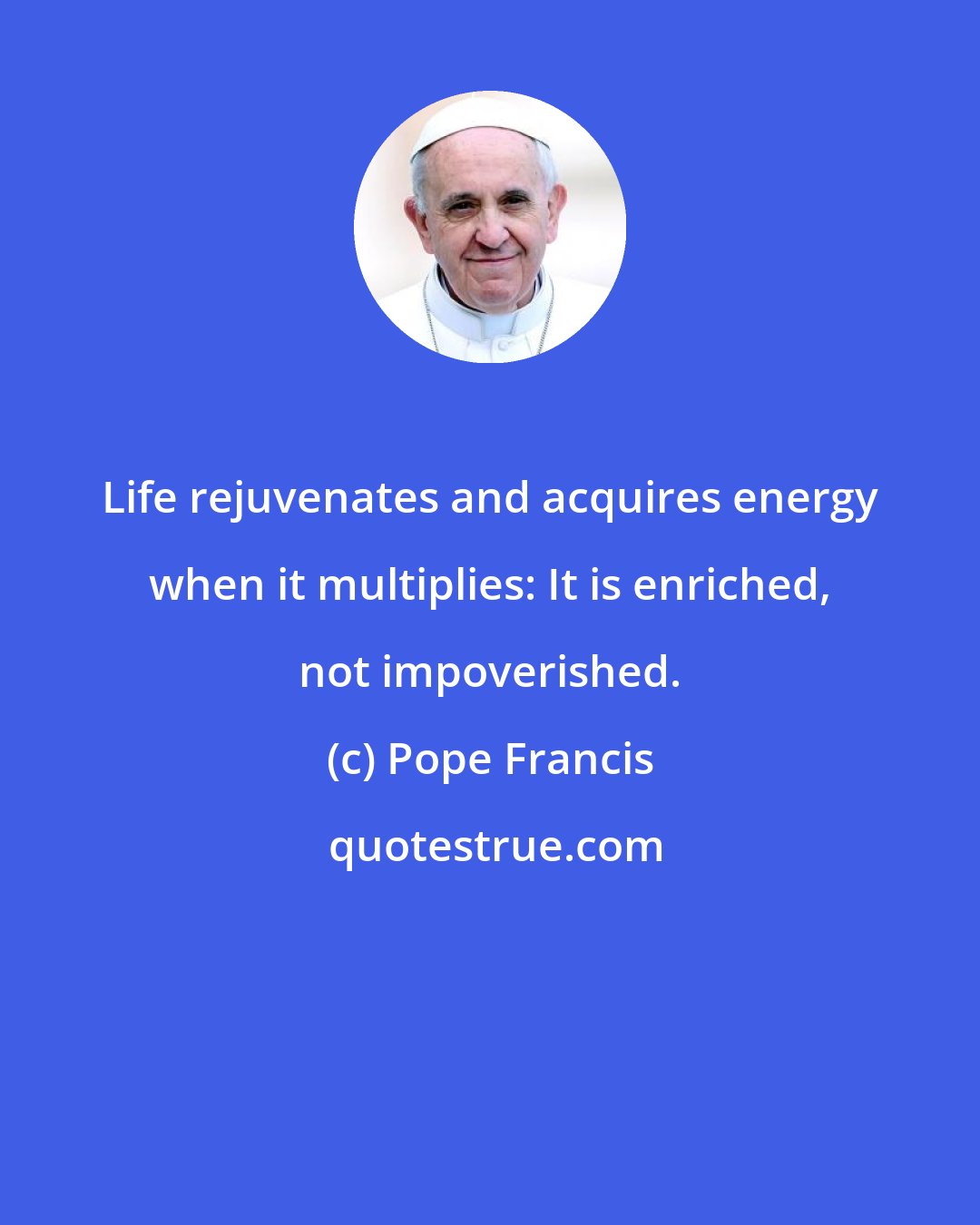 Pope Francis: Life rejuvenates and acquires energy when it multiplies: It is enriched, not impoverished.