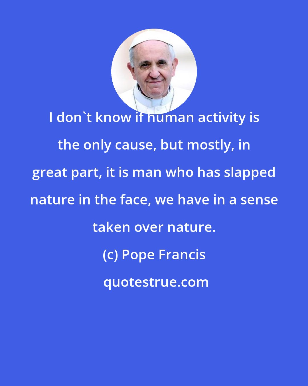 Pope Francis: I don't know if human activity is the only cause, but mostly, in great part, it is man who has slapped nature in the face, we have in a sense taken over nature.