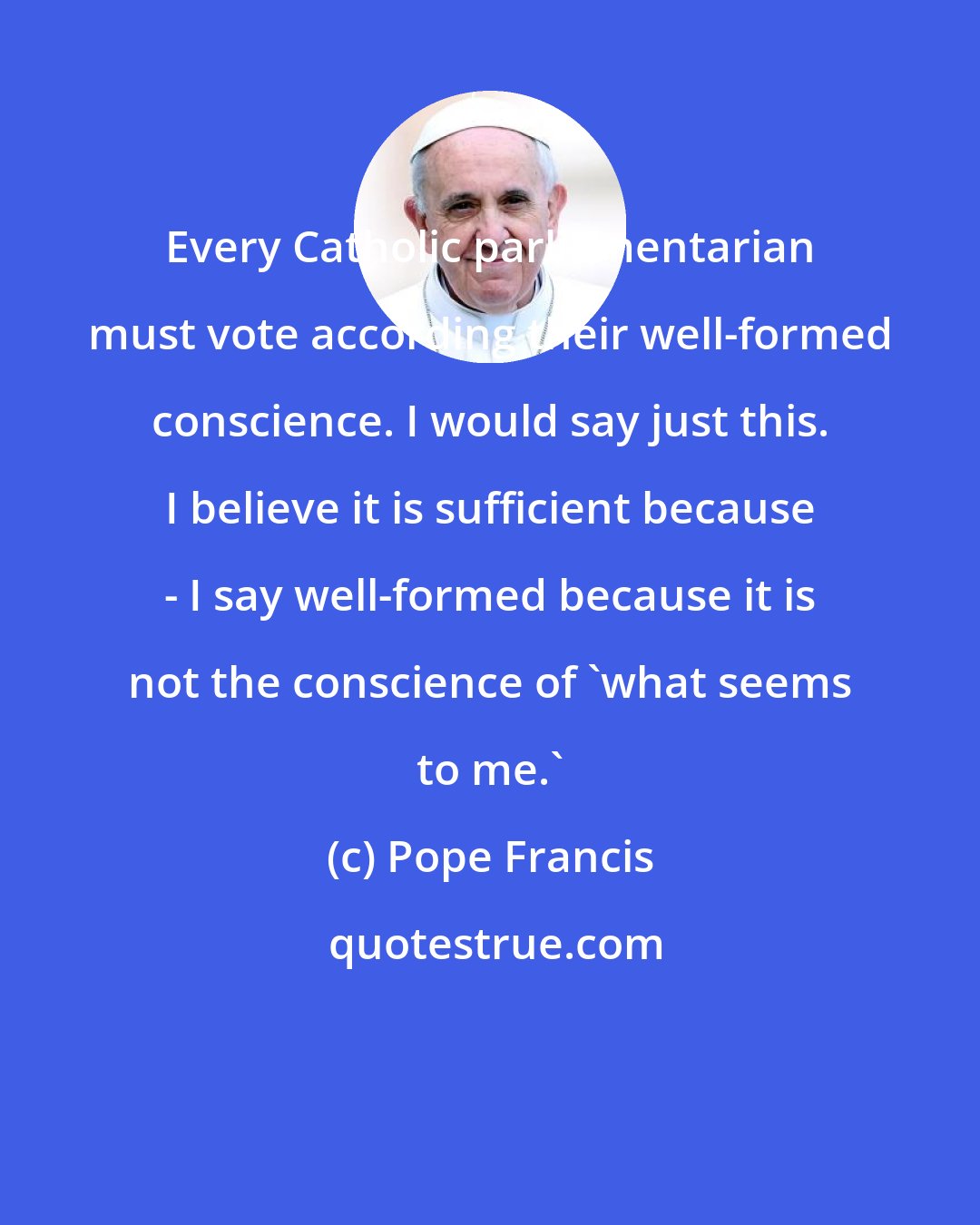 Pope Francis: Every Catholic parliamentarian must vote according their well-formed conscience. I would say just this. I believe it is sufficient because - I say well-formed because it is not the conscience of 'what seems to me.'