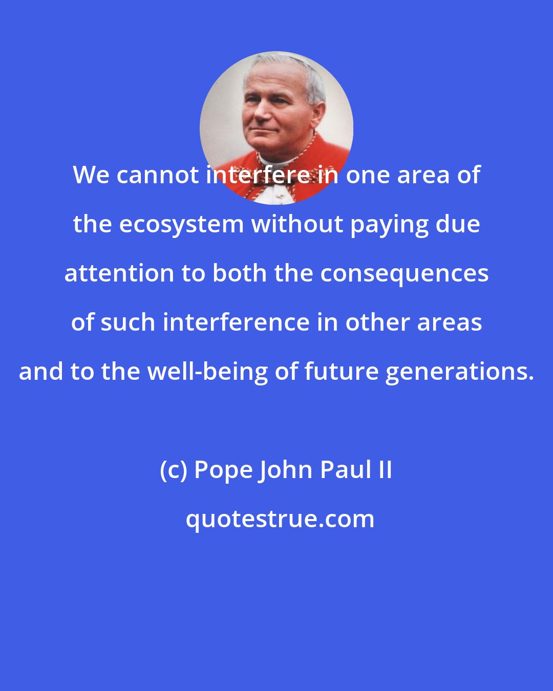 Pope John Paul II: We cannot interfere in one area of the ecosystem without paying due attention to both the consequences of such interference in other areas and to the well-being of future generations.