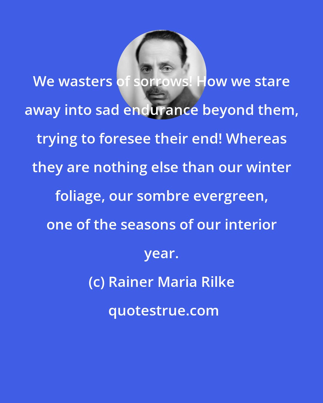 Rainer Maria Rilke: We wasters of sorrows! How we stare away into sad endurance beyond them, trying to foresee their end! Whereas they are nothing else than our winter foliage, our sombre evergreen, one of the seasons of our interior year.