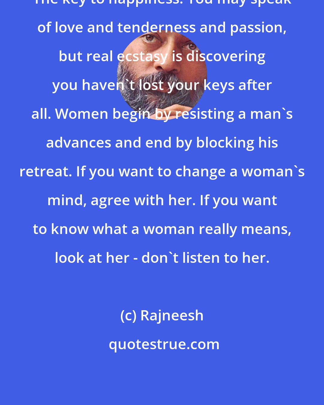 Rajneesh: The key to happiness: You may speak of love and tenderness and passion, but real ecstasy is discovering you haven't lost your keys after all. Women begin by resisting a man's advances and end by blocking his retreat. If you want to change a woman's mind, agree with her. If you want to know what a woman really means, look at her - don't listen to her.