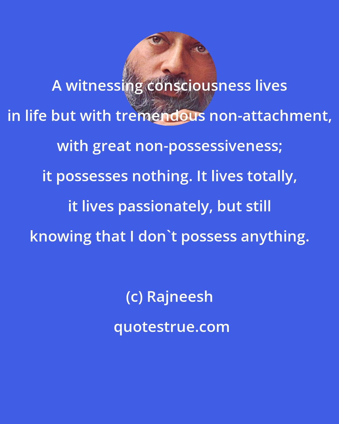 Rajneesh: A witnessing consciousness lives in life but with tremendous non-attachment, with great non-possessiveness; it possesses nothing. It lives totally, it lives passionately, but still knowing that I don't possess anything.