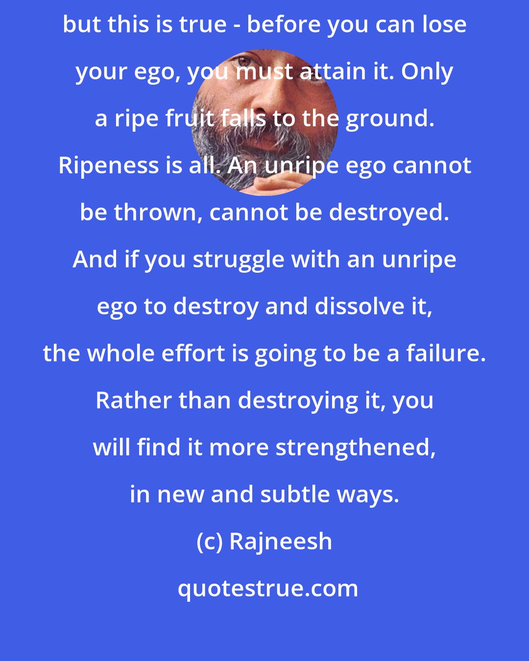 Rajneesh: It is one of the greatest problems. It will appear very paradoxical, but this is true - before you can lose your ego, you must attain it. Only a ripe fruit falls to the ground. Ripeness is all. An unripe ego cannot be thrown, cannot be destroyed. And if you struggle with an unripe ego to destroy and dissolve it, the whole effort is going to be a failure. Rather than destroying it, you will find it more strengthened, in new and subtle ways.