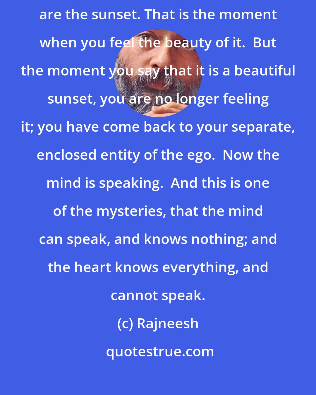 Rajneesh: Looking at a sunset, just for a second you forget your separateness: you are the sunset. That is the moment when you feel the beauty of it.  But the moment you say that it is a beautiful sunset, you are no longer feeling it; you have come back to your separate, enclosed entity of the ego.  Now the mind is speaking.  And this is one of the mysteries, that the mind can speak, and knows nothing; and the heart knows everything, and cannot speak.