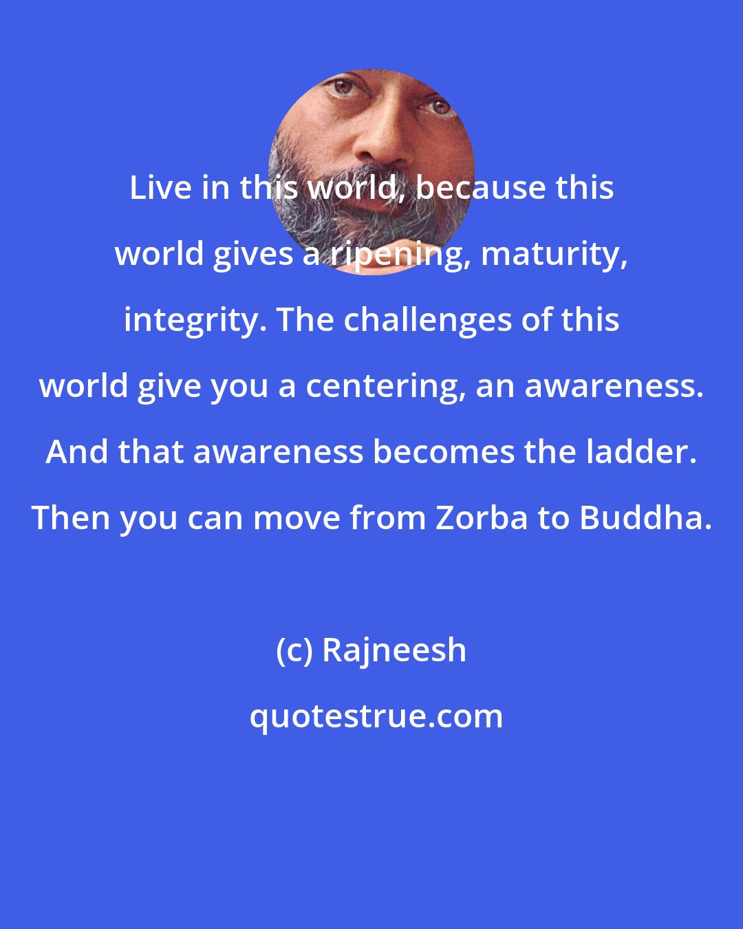 Rajneesh: Live in this world, because this world gives a ripening, maturity, integrity. The challenges of this world give you a centering, an awareness. And that awareness becomes the ladder. Then you can move from Zorba to Buddha.