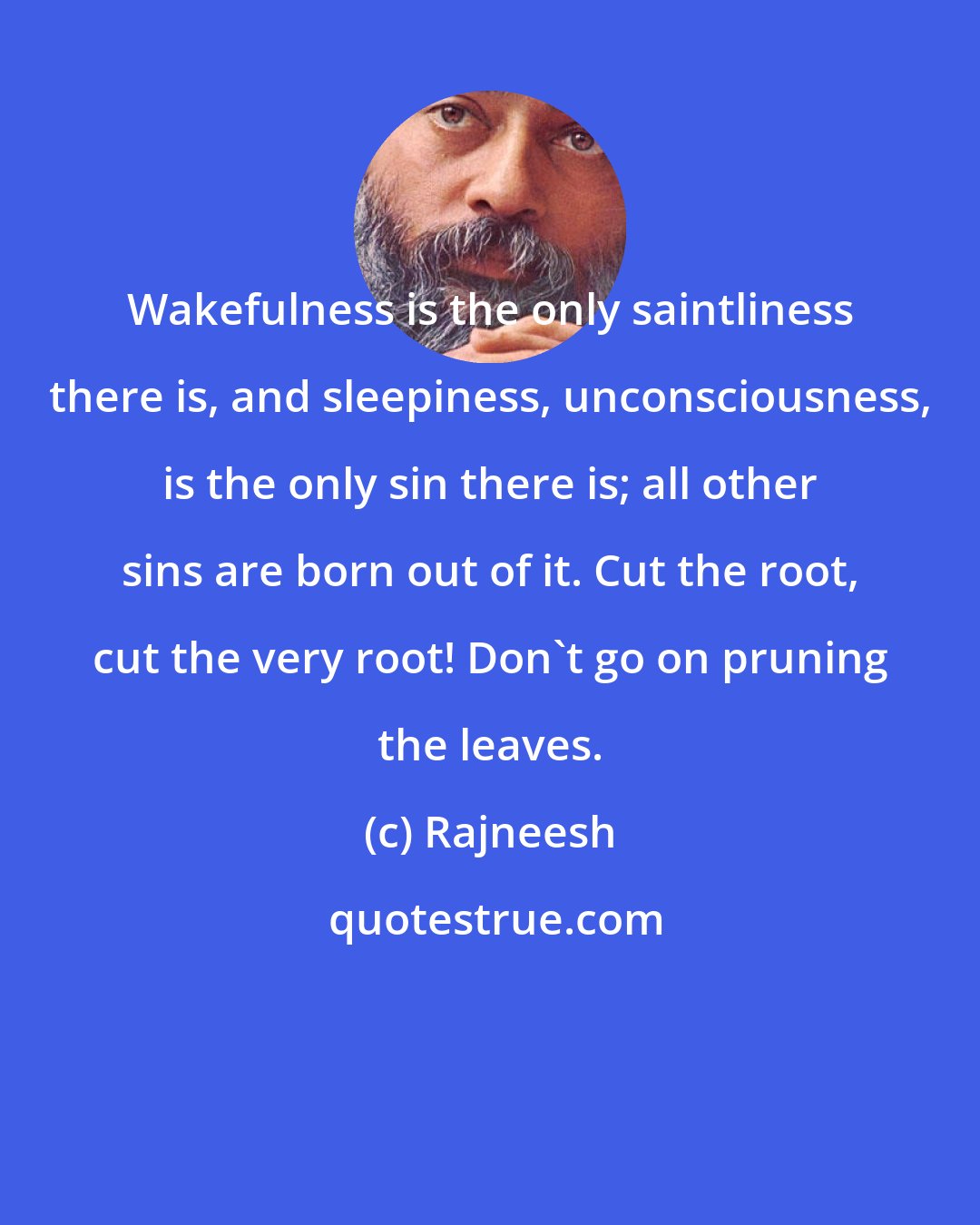 Rajneesh: Wakefulness is the only saintliness there is, and sleepiness, unconsciousness, is the only sin there is; all other sins are born out of it. Cut the root, cut the very root! Don't go on pruning the leaves.