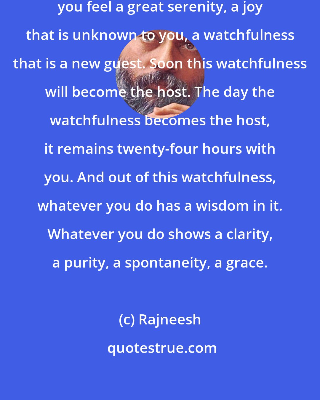 Rajneesh: When you are in deep meditation, you feel a great serenity, a joy that is unknown to you, a watchfulness that is a new guest. Soon this watchfulness will become the host. The day the watchfulness becomes the host, it remains twenty-four hours with you. And out of this watchfulness, whatever you do has a wisdom in it. Whatever you do shows a clarity, a purity, a spontaneity, a grace.