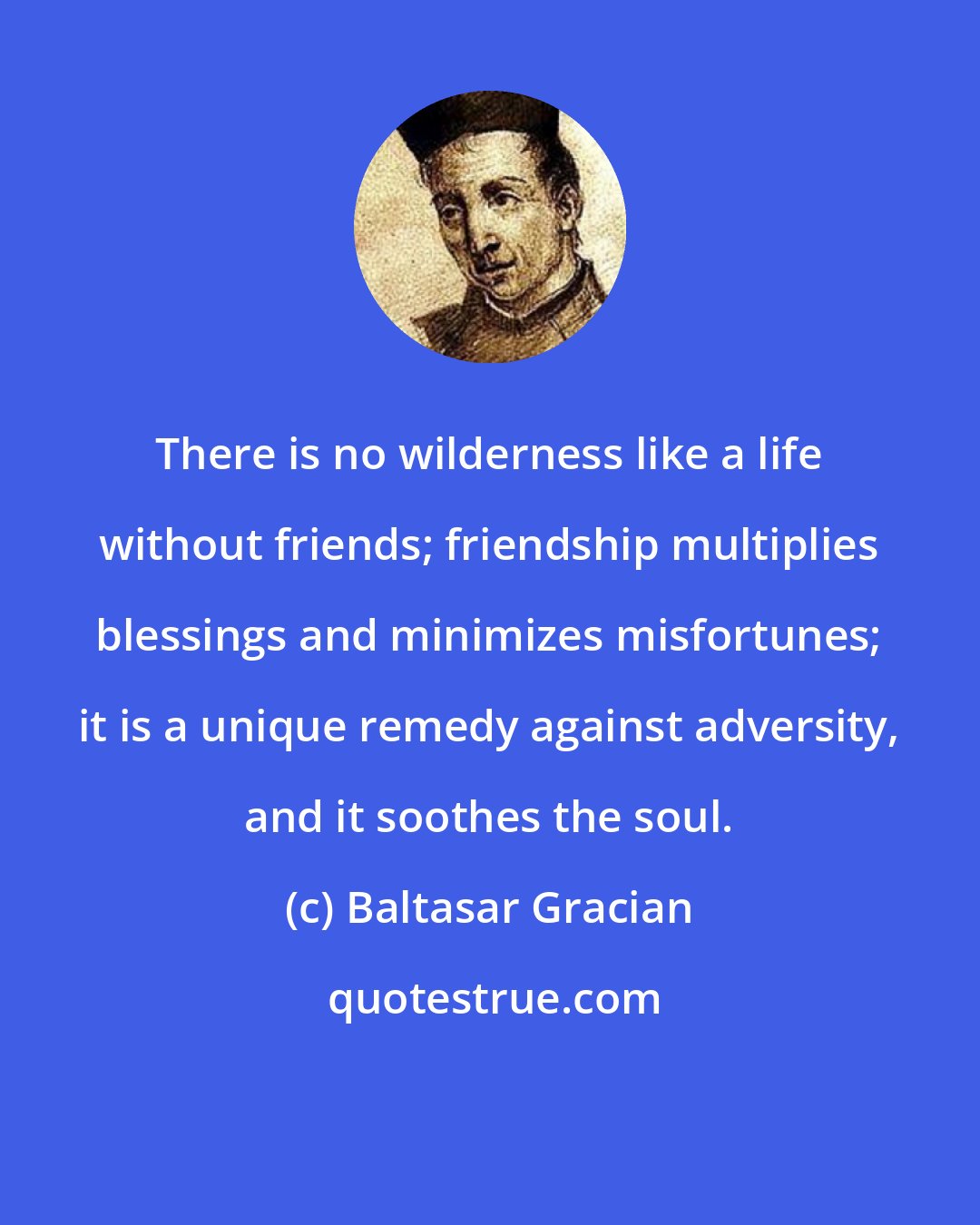 Baltasar Gracian: There is no wilderness like a life without friends; friendship multiplies blessings and minimizes misfortunes; it is a unique remedy against adversity, and it soothes the soul.