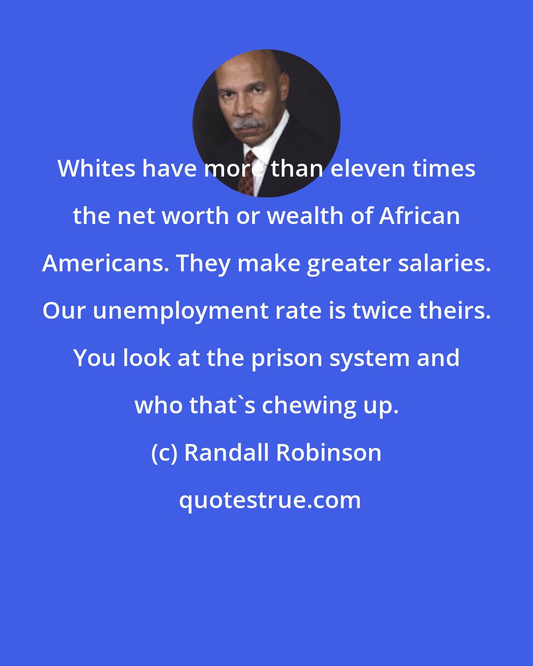 Randall Robinson: Whites have more than eleven times the net worth or wealth of African Americans. They make greater salaries. Our unemployment rate is twice theirs. You look at the prison system and who that's chewing up.