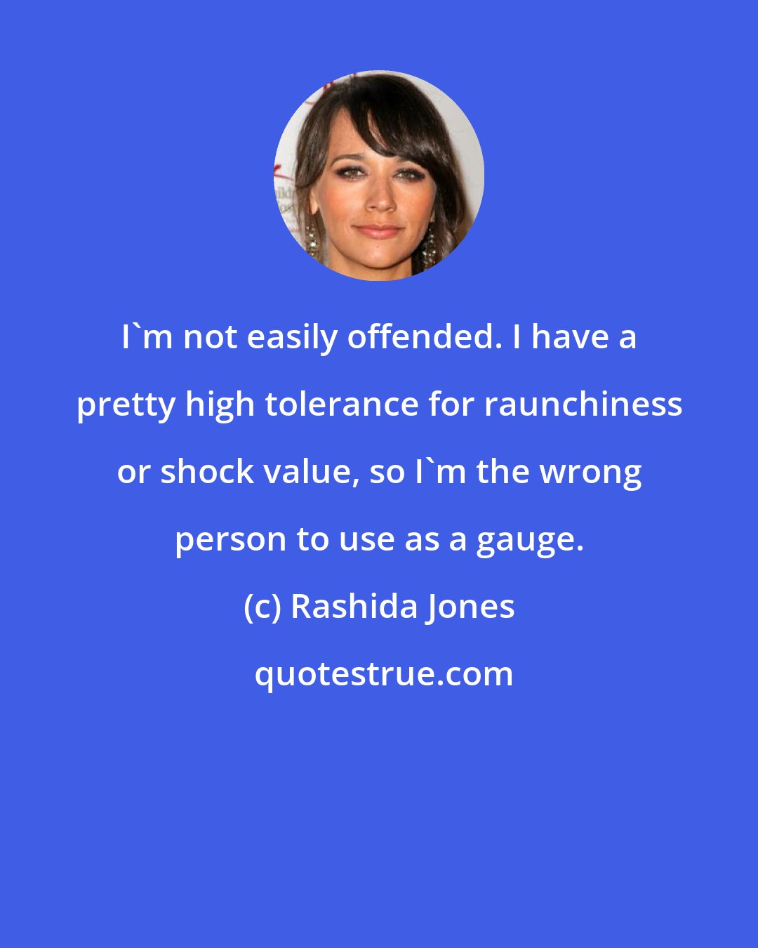 Rashida Jones: I'm not easily offended. I have a pretty high tolerance for raunchiness or shock value, so I'm the wrong person to use as a gauge.