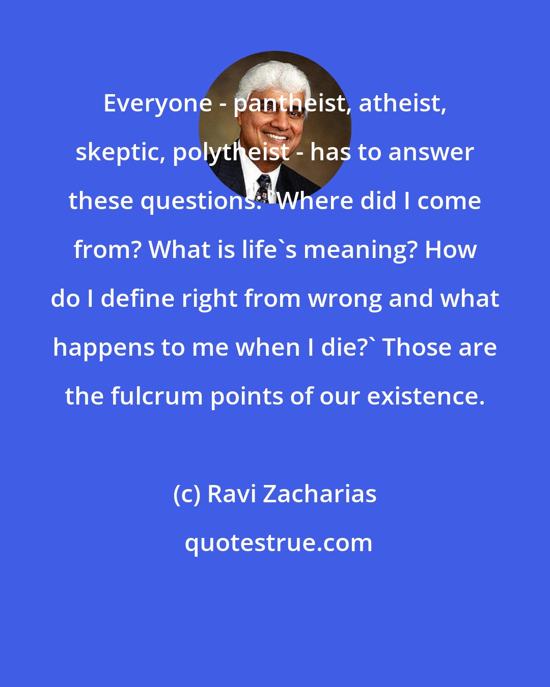 Ravi Zacharias: Everyone - pantheist, atheist, skeptic, polytheist - has to answer these questions: 'Where did I come from? What is life's meaning? How do I define right from wrong and what happens to me when I die?' Those are the fulcrum points of our existence.