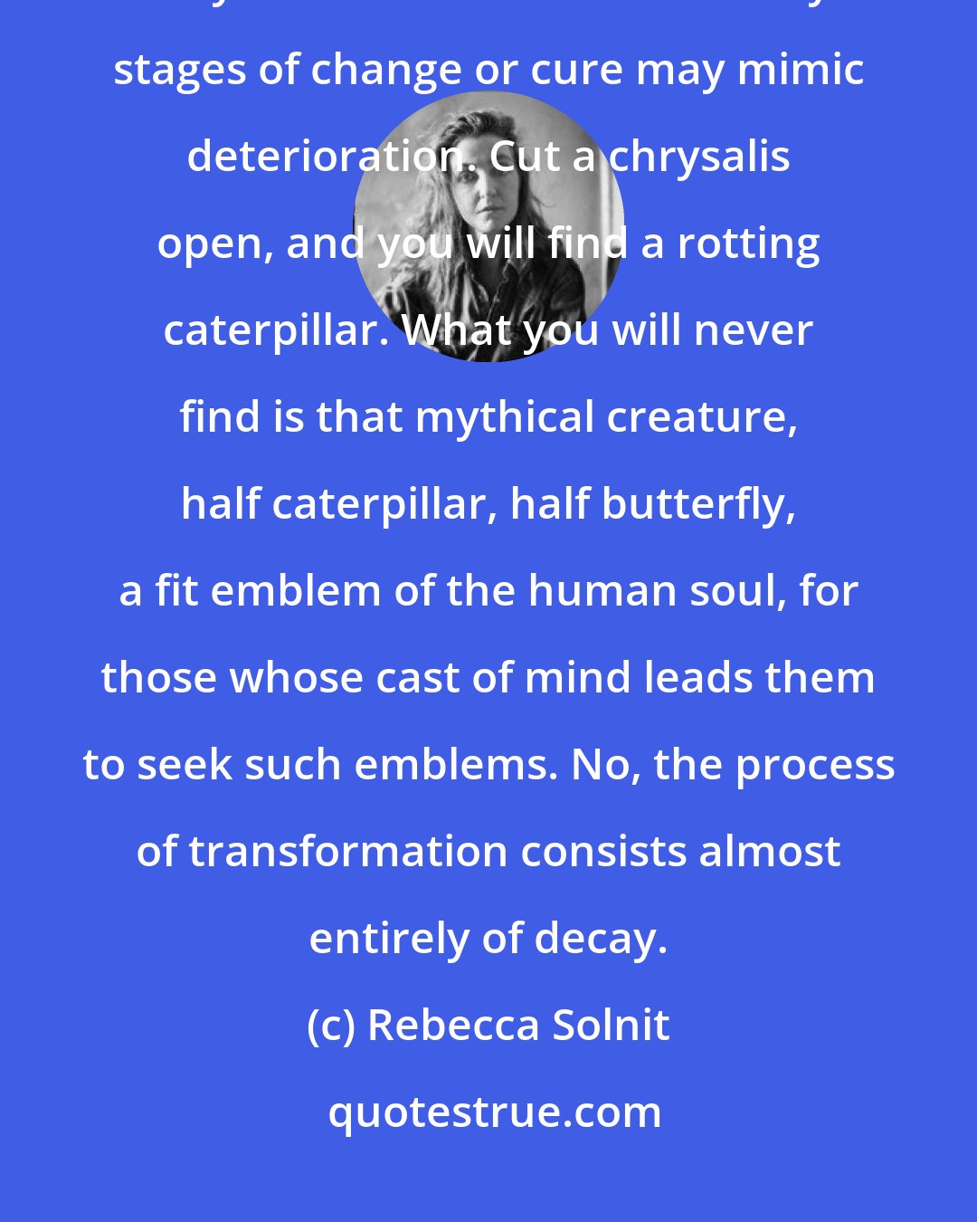 Rebecca Solnit: In her novel Regeneration, Pat Barker writes of a doctor who 'knew only too well how often the early stages of change or cure may mimic deterioration. Cut a chrysalis open, and you will find a rotting caterpillar. What you will never find is that mythical creature, half caterpillar, half butterfly, a fit emblem of the human soul, for those whose cast of mind leads them to seek such emblems. No, the process of transformation consists almost entirely of decay.