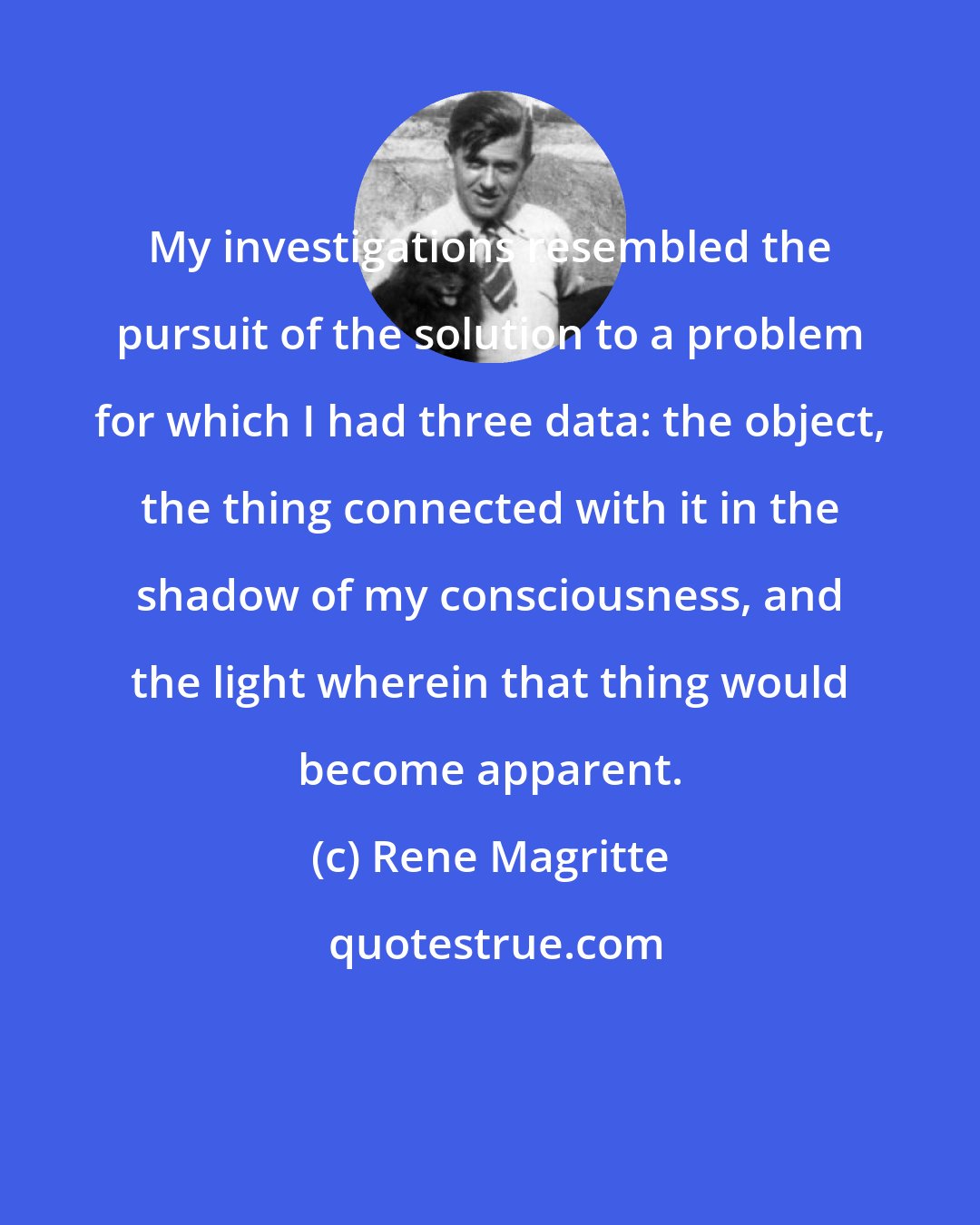 Rene Magritte: My investigations resembled the pursuit of the solution to a problem for which I had three data: the object, the thing connected with it in the shadow of my consciousness, and the light wherein that thing would become apparent.