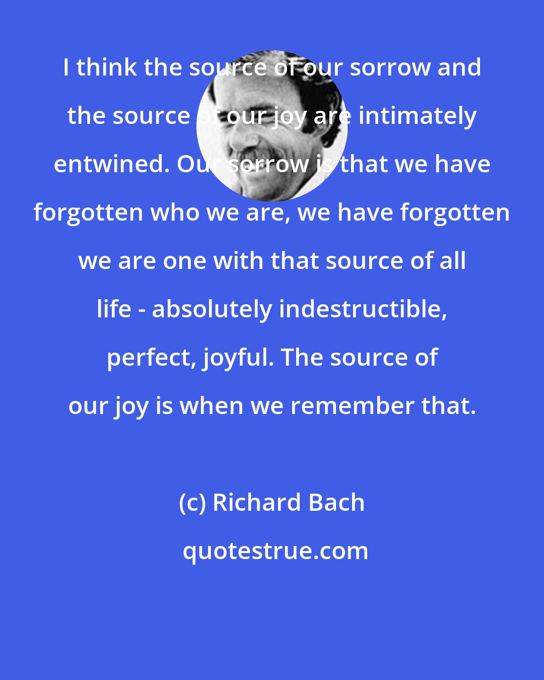 Richard Bach: I think the source of our sorrow and the source of our joy are intimately entwined. Our sorrow is that we have forgotten who we are, we have forgotten we are one with that source of all life - absolutely indestructible, perfect, joyful. The source of our joy is when we remember that.