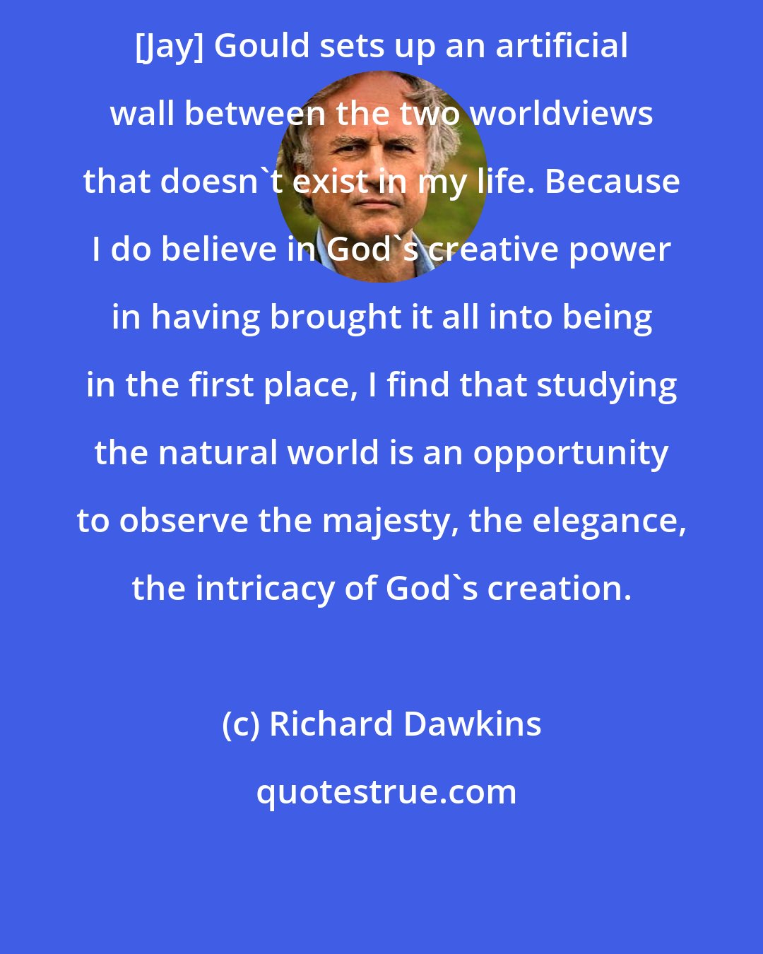Richard Dawkins: [Jay] Gould sets up an artificial wall between the two worldviews that doesn't exist in my life. Because I do believe in God's creative power in having brought it all into being in the first place, I find that studying the natural world is an opportunity to observe the majesty, the elegance, the intricacy of God's creation.