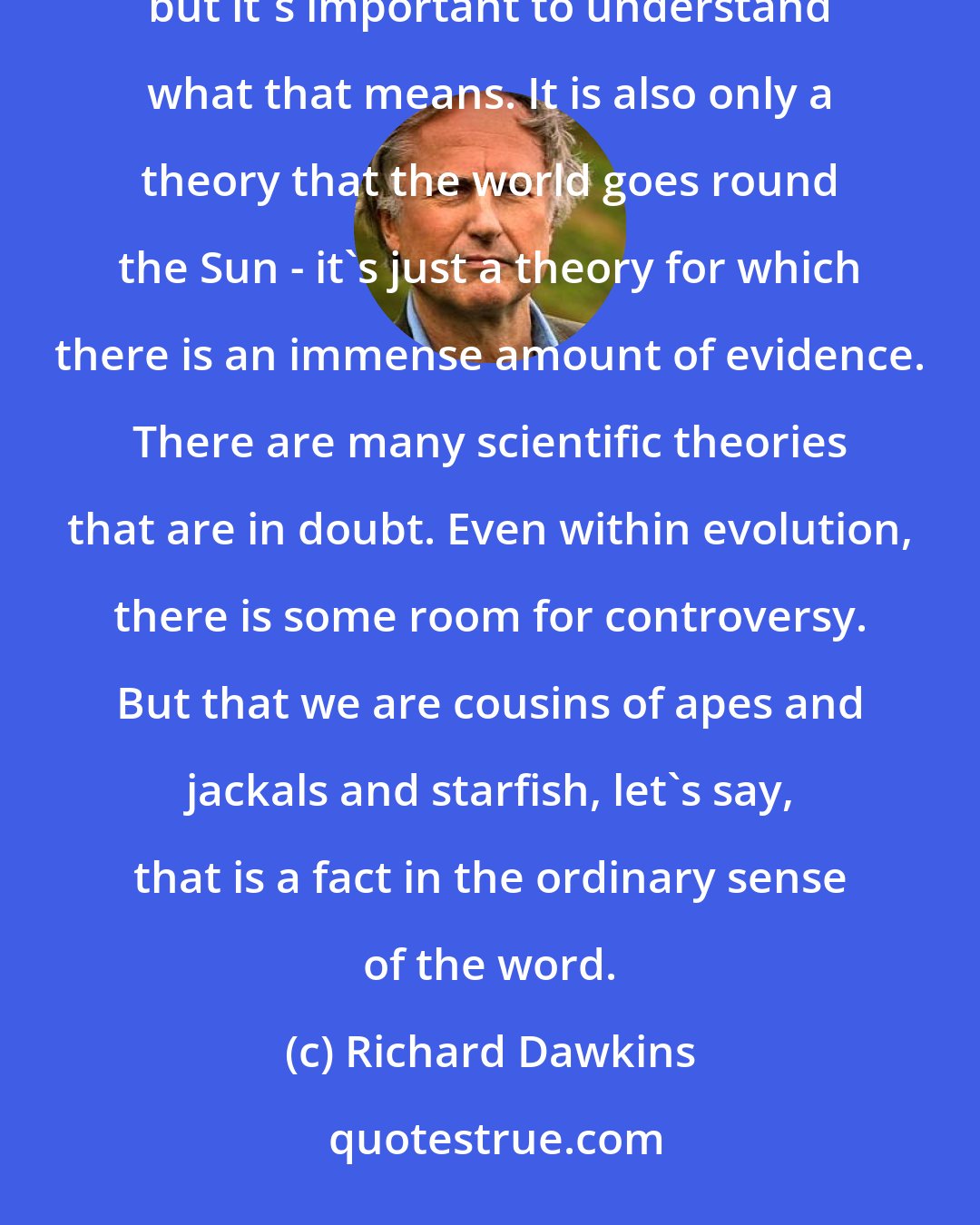 Richard Dawkins: People sometimes try to score debating points by saying, Evolution is only a theory. That is correct, but it's important to understand what that means. It is also only a theory that the world goes round the Sun - it's just a theory for which there is an immense amount of evidence. There are many scientific theories that are in doubt. Even within evolution, there is some room for controversy. But that we are cousins of apes and jackals and starfish, let's say, that is a fact in the ordinary sense of the word.