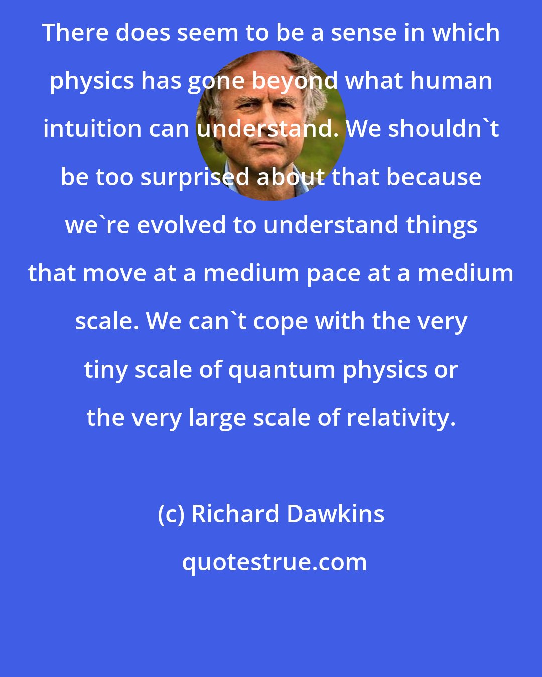 Richard Dawkins: There does seem to be a sense in which physics has gone beyond what human intuition can understand. We shouldn't be too surprised about that because we're evolved to understand things that move at a medium pace at a medium scale. We can't cope with the very tiny scale of quantum physics or the very large scale of relativity.