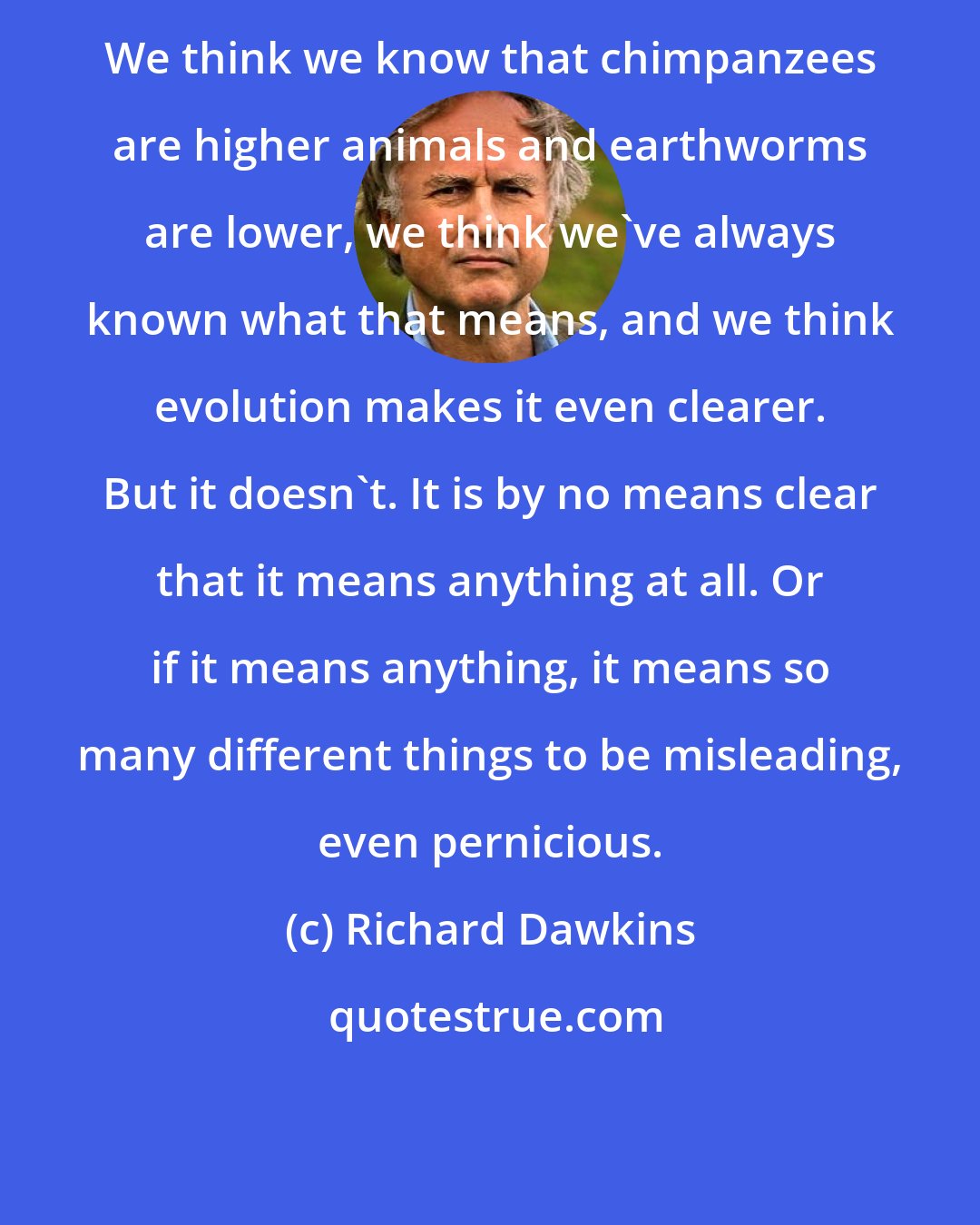 Richard Dawkins: We think we know that chimpanzees are higher animals and earthworms are lower, we think we've always known what that means, and we think evolution makes it even clearer. But it doesn't. It is by no means clear that it means anything at all. Or if it means anything, it means so many different things to be misleading, even pernicious.