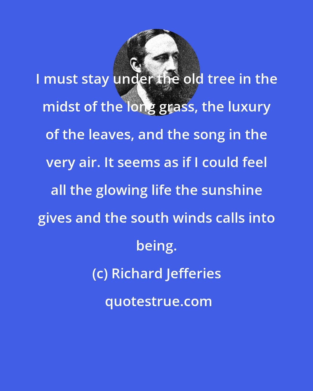 Richard Jefferies: I must stay under the old tree in the midst of the long grass, the luxury of the leaves, and the song in the very air. It seems as if I could feel all the glowing life the sunshine gives and the south winds calls into being.