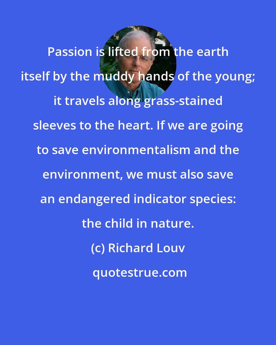 Richard Louv: Passion is lifted from the earth itself by the muddy hands of the young; it travels along grass-stained sleeves to the heart. If we are going to save environmentalism and the environment, we must also save an endangered indicator species: the child in nature.