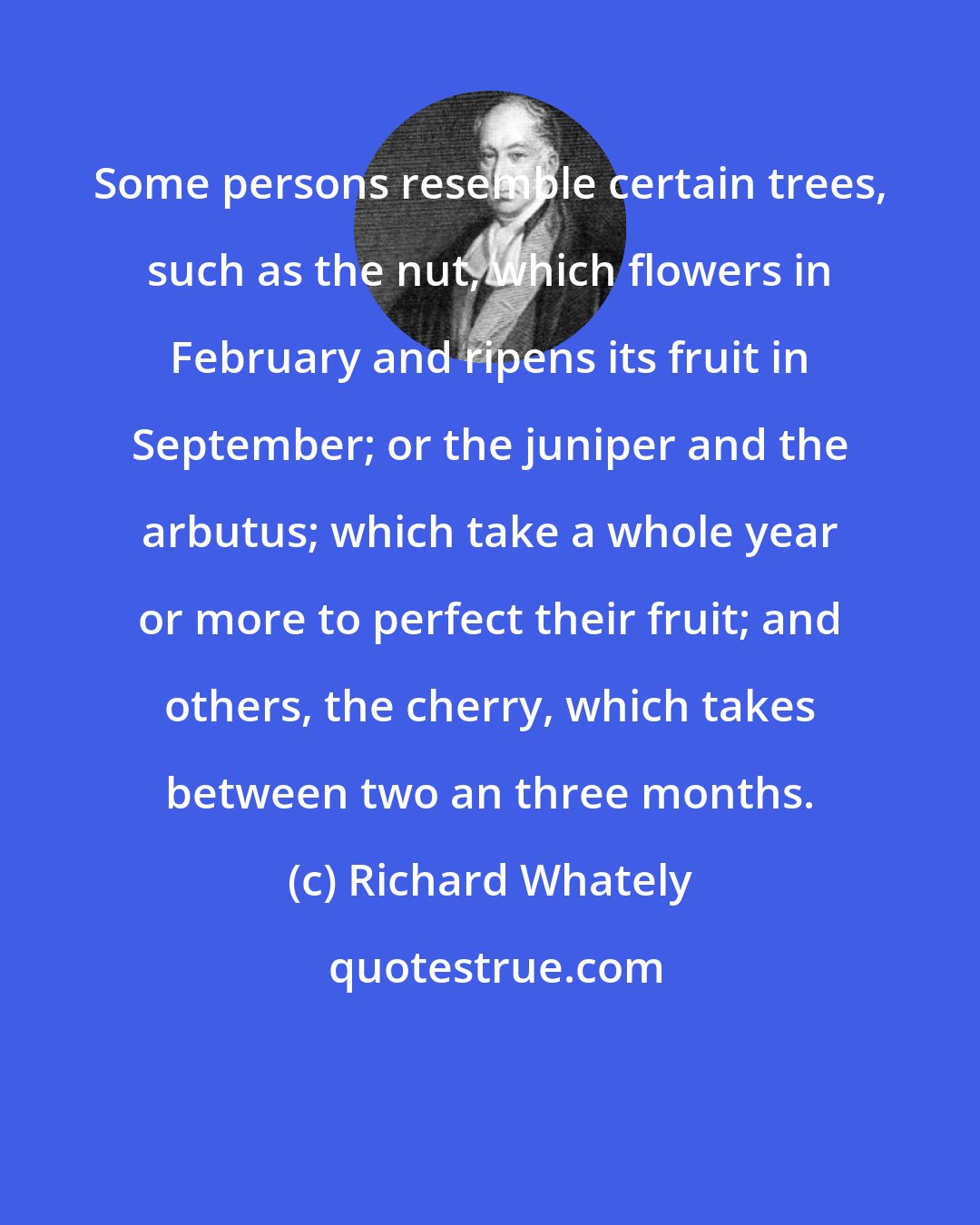 Richard Whately: Some persons resemble certain trees, such as the nut, which flowers in February and ripens its fruit in September; or the juniper and the arbutus; which take a whole year or more to perfect their fruit; and others, the cherry, which takes between two an three months.
