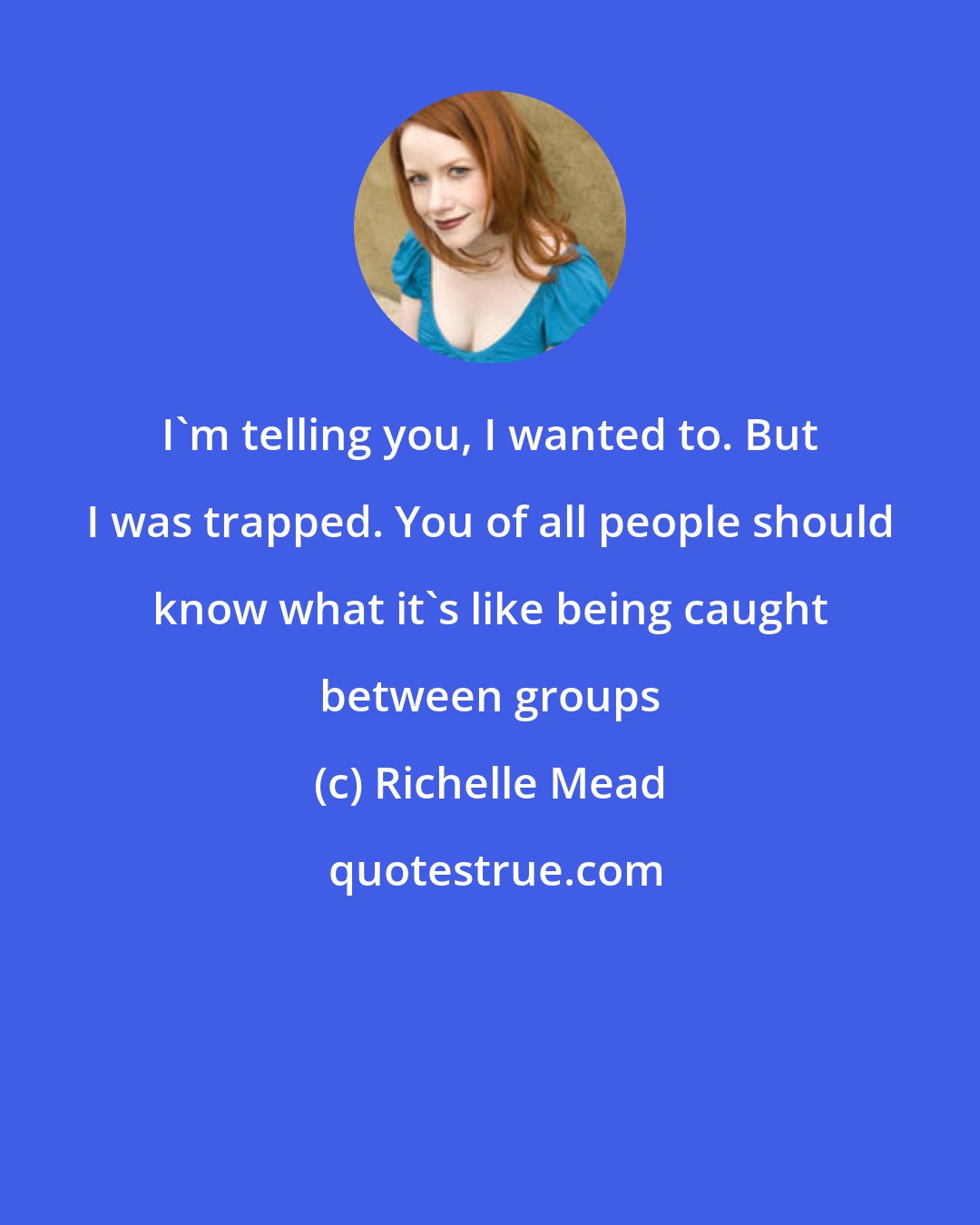 Richelle Mead: I'm telling you, I wanted to. But I was trapped. You of all people should know what it's like being caught between groups