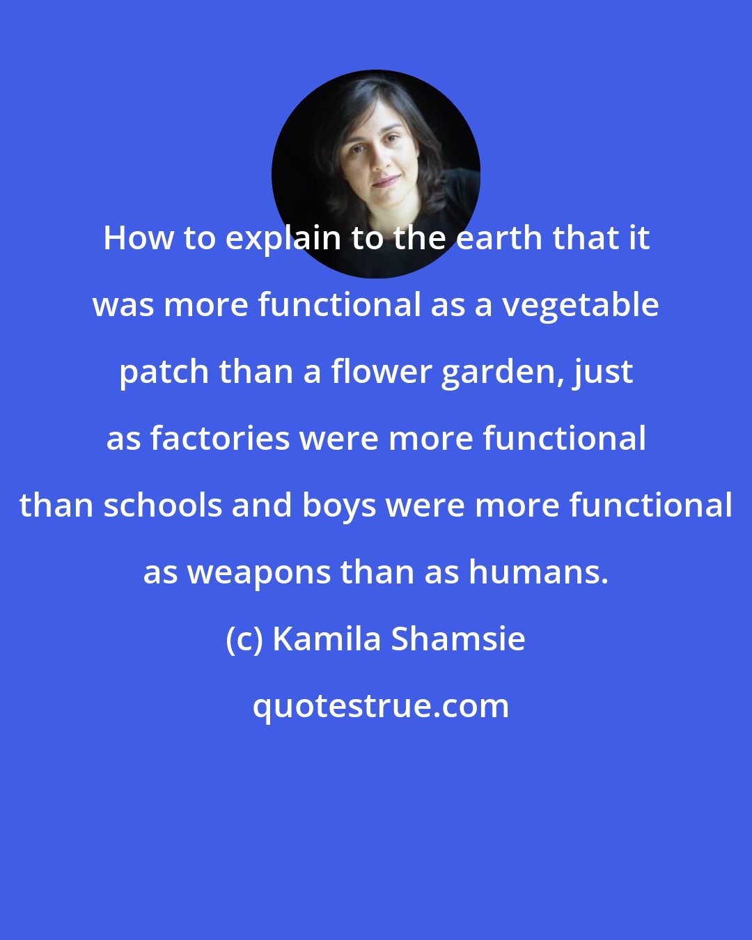 Kamila Shamsie: How to explain to the earth that it was more functional as a vegetable patch than a flower garden, just as factories were more functional than schools and boys were more functional as weapons than as humans.