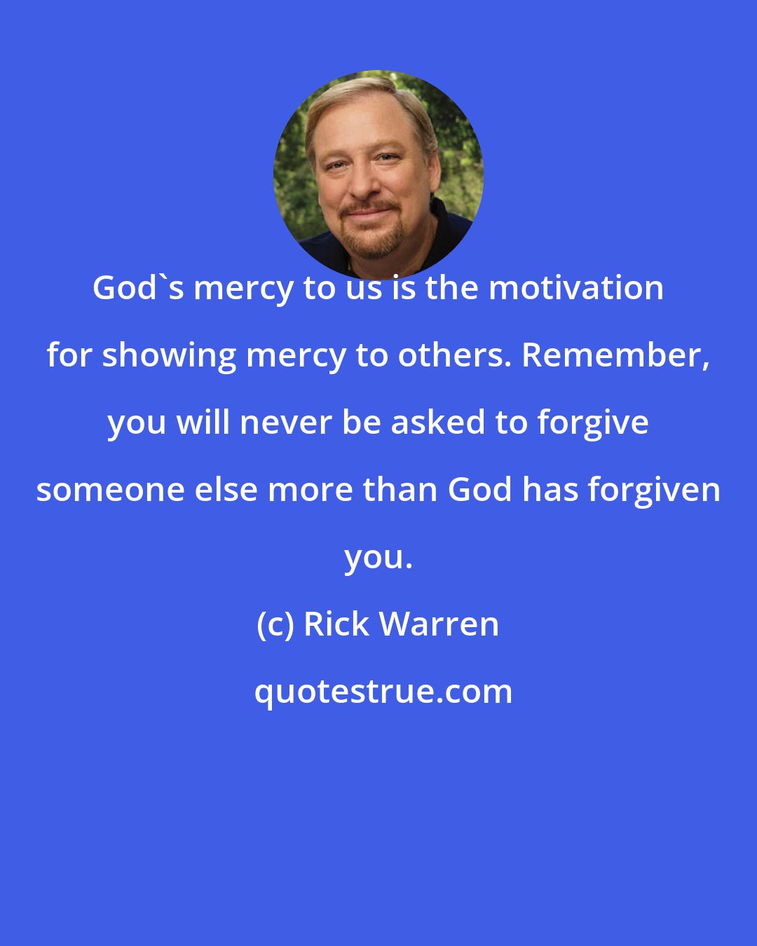 Rick Warren: God's mercy to us is the motivation for showing mercy to others. Remember, you will never be asked to forgive someone else more than God has forgiven you.