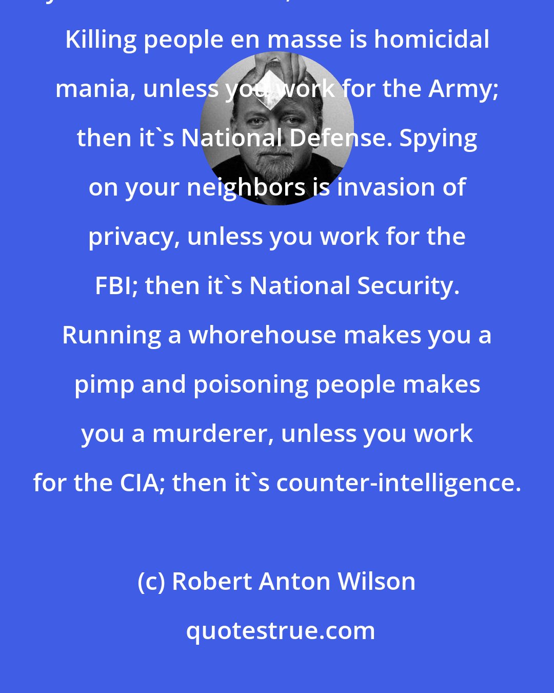 Robert Anton Wilson: Taking somebody's money without permission is stealing, unless you work for the IRS; then it's taxation. Killing people en masse is homicidal mania, unless you work for the Army; then it's National Defense. Spying on your neighbors is invasion of privacy, unless you work for the FBI; then it's National Security. Running a whorehouse makes you a pimp and poisoning people makes you a murderer, unless you work for the CIA; then it's counter-intelligence.