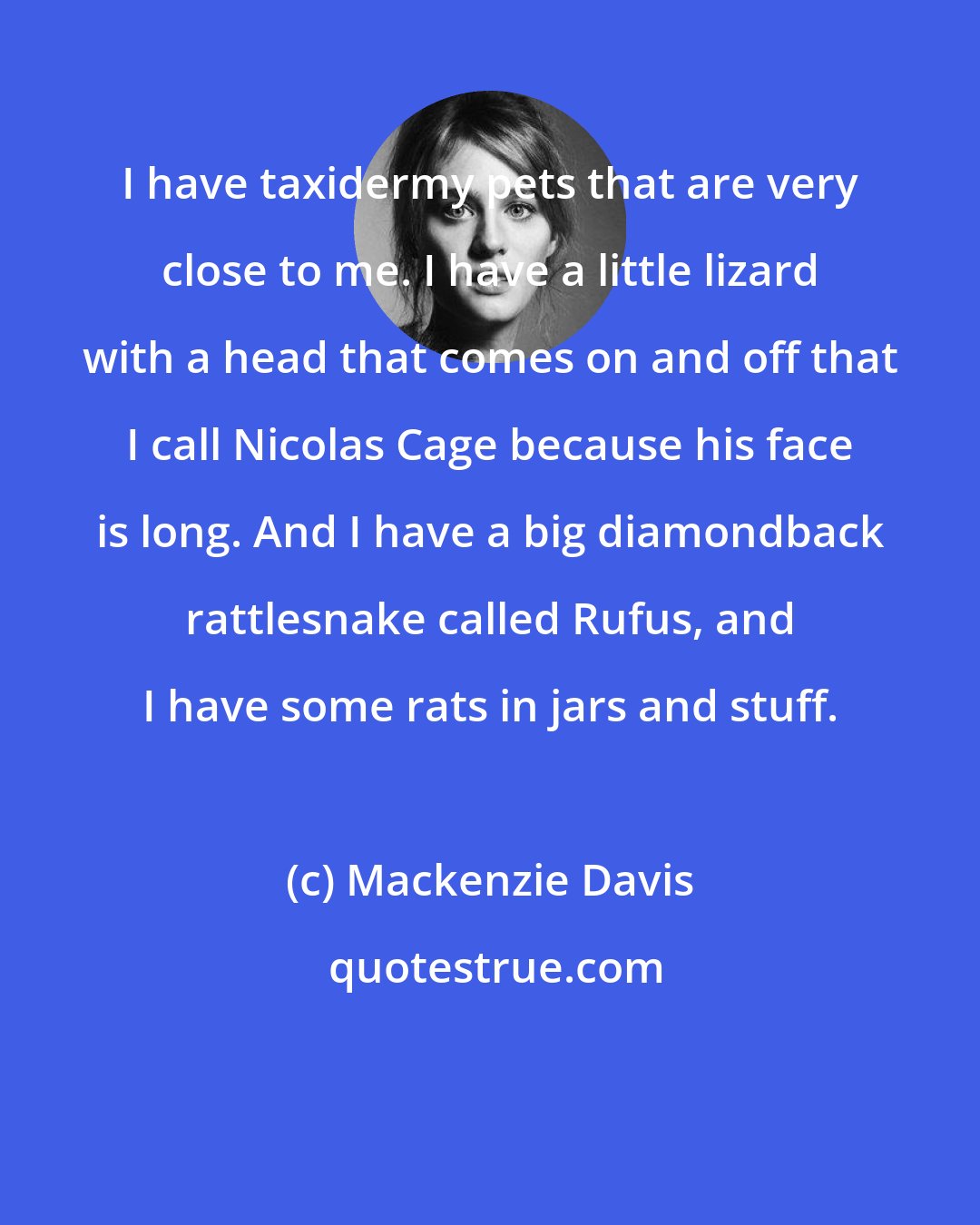 Mackenzie Davis: I have taxidermy pets that are very close to me. I have a little lizard with a head that comes on and off that I call Nicolas Cage because his face is long. And I have a big diamondback rattlesnake called Rufus, and I have some rats in jars and stuff.
