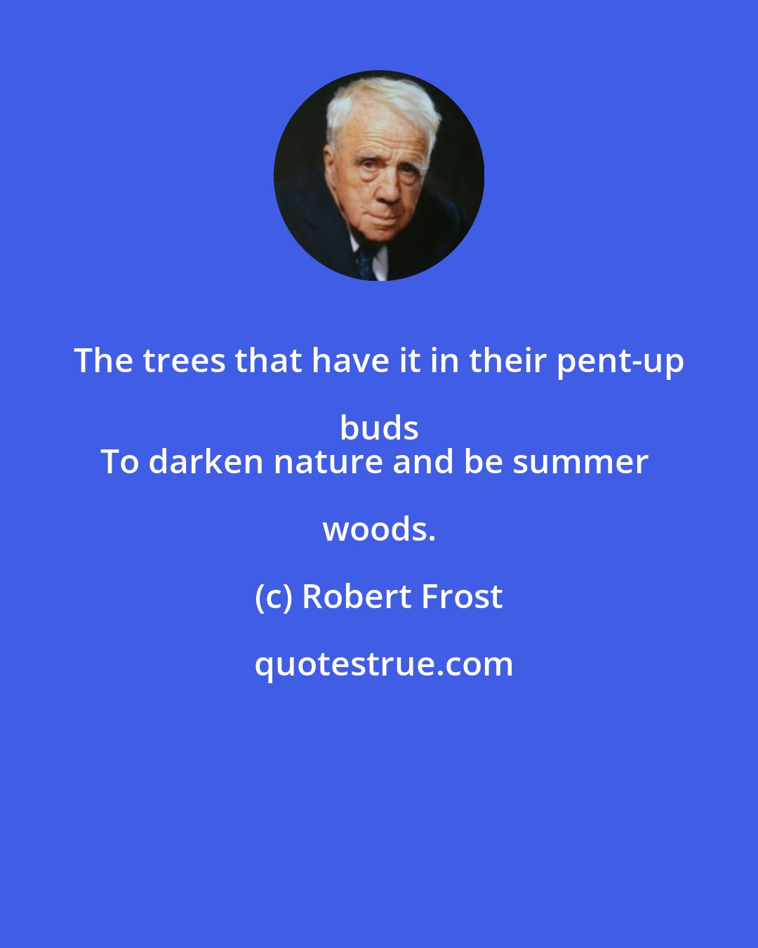 Robert Frost: The trees that have it in their pent-up buds 
To darken nature and be summer woods.