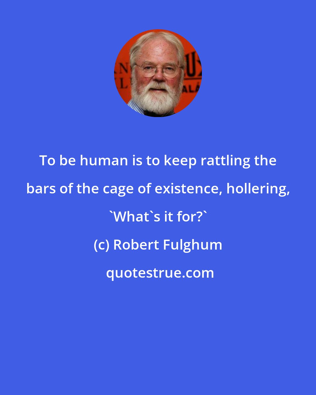 Robert Fulghum: To be human is to keep rattling the bars of the cage of existence, hollering, 'What's it for?'