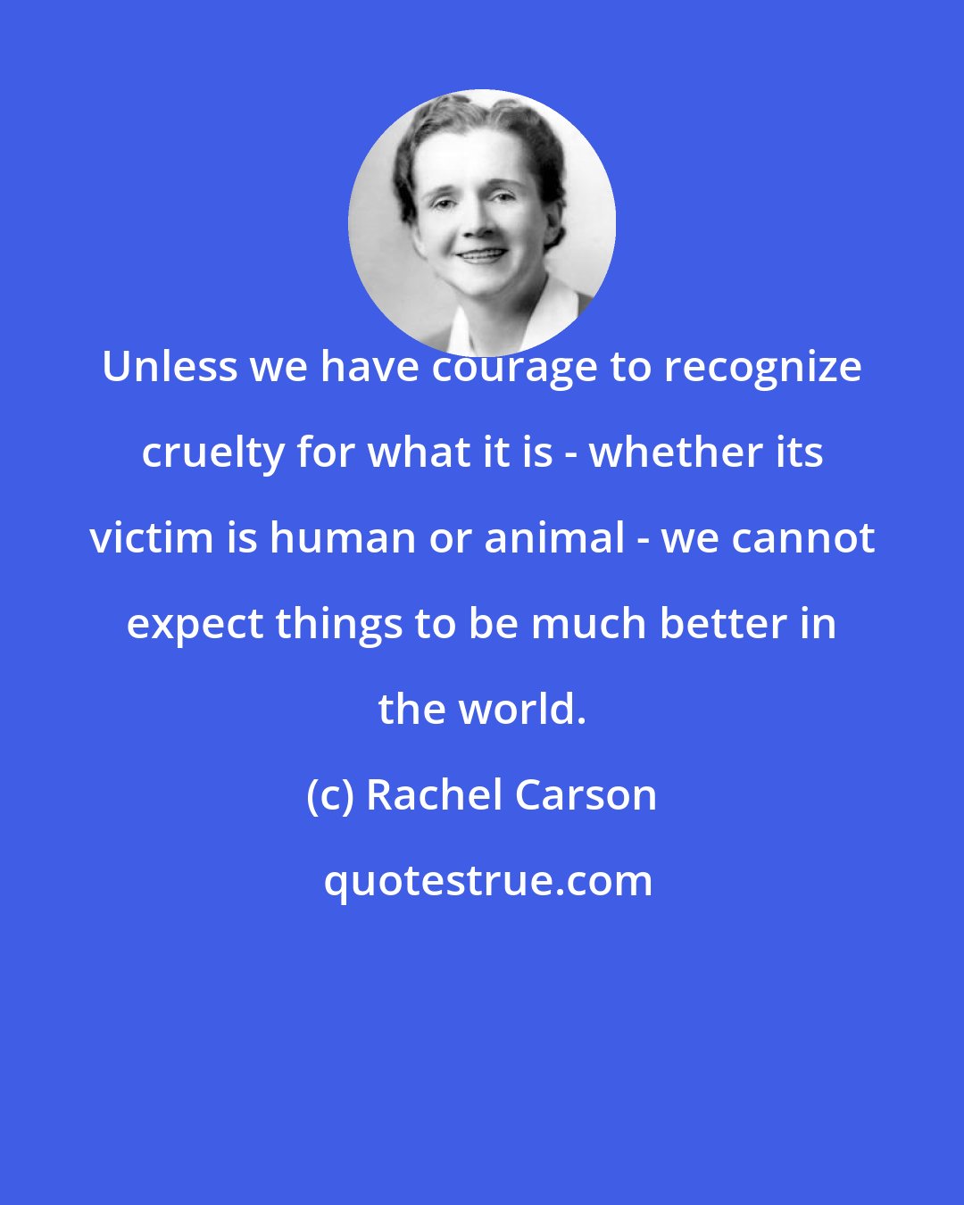 Rachel Carson: Unless we have courage to recognize cruelty for what it is - whether its victim is human or animal - we cannot expect things to be much better in the world.