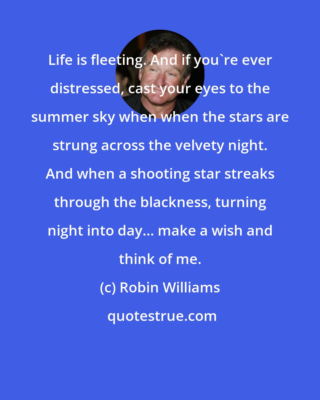 Robin Williams: Life is fleeting. And if you're ever distressed, cast your eyes to the summer sky when when the stars are strung across the velvety night. And when a shooting star streaks through the blackness, turning night into day... make a wish and think of me.